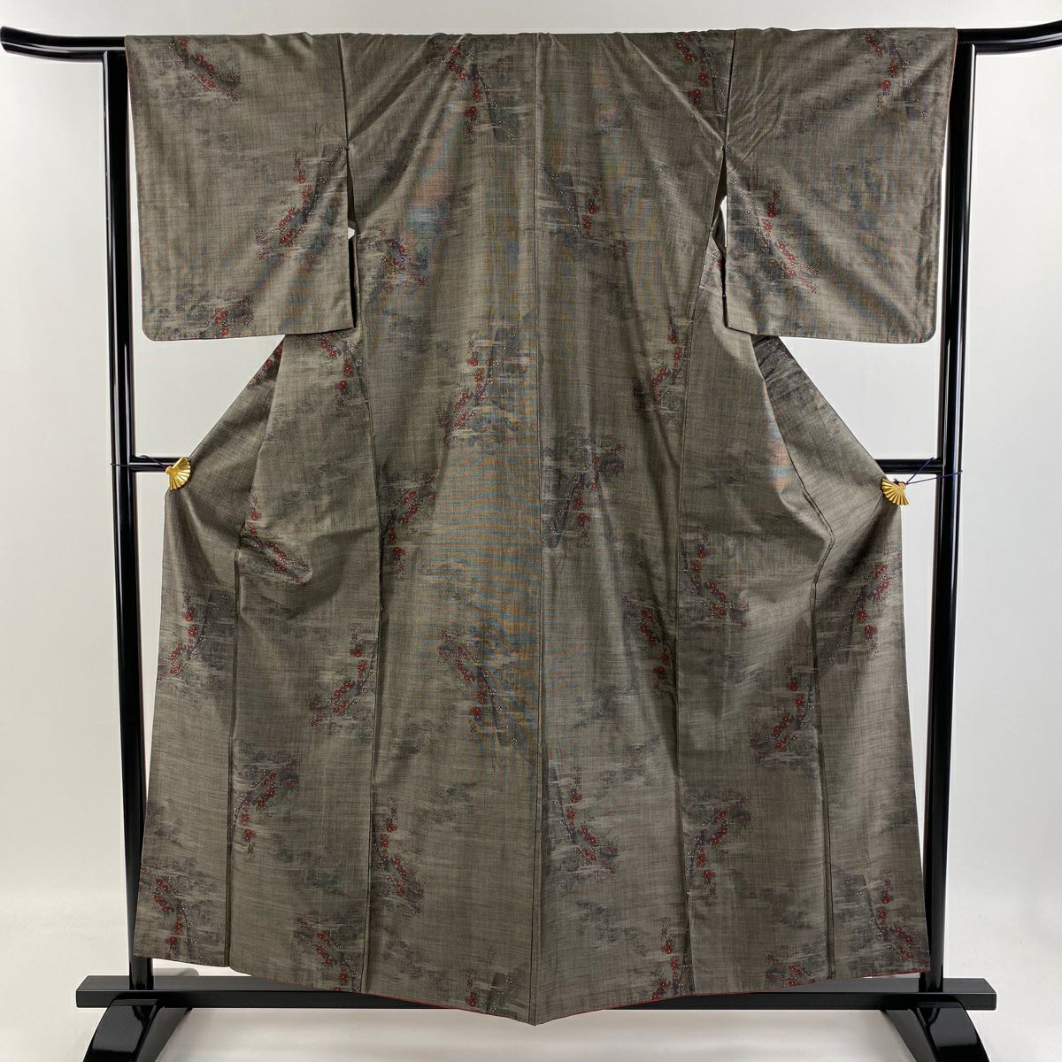 【庫存清倉】 紬織織 身長157cm 袖長64.5cm M 雙層 草花紋紋 霞 焦茶 純蠶絲 名品級
