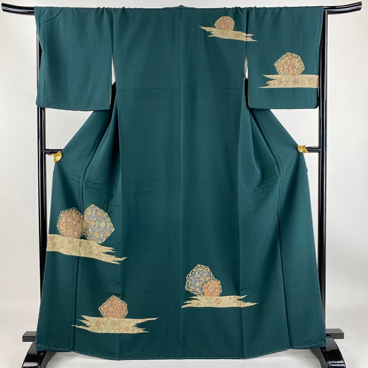 【庫存清倉】 付下 身長165.5cm 袖長67.5cm L 雙層 草花紋紋 霞 金絲刺繡 深綠 純蠶絲 名品級