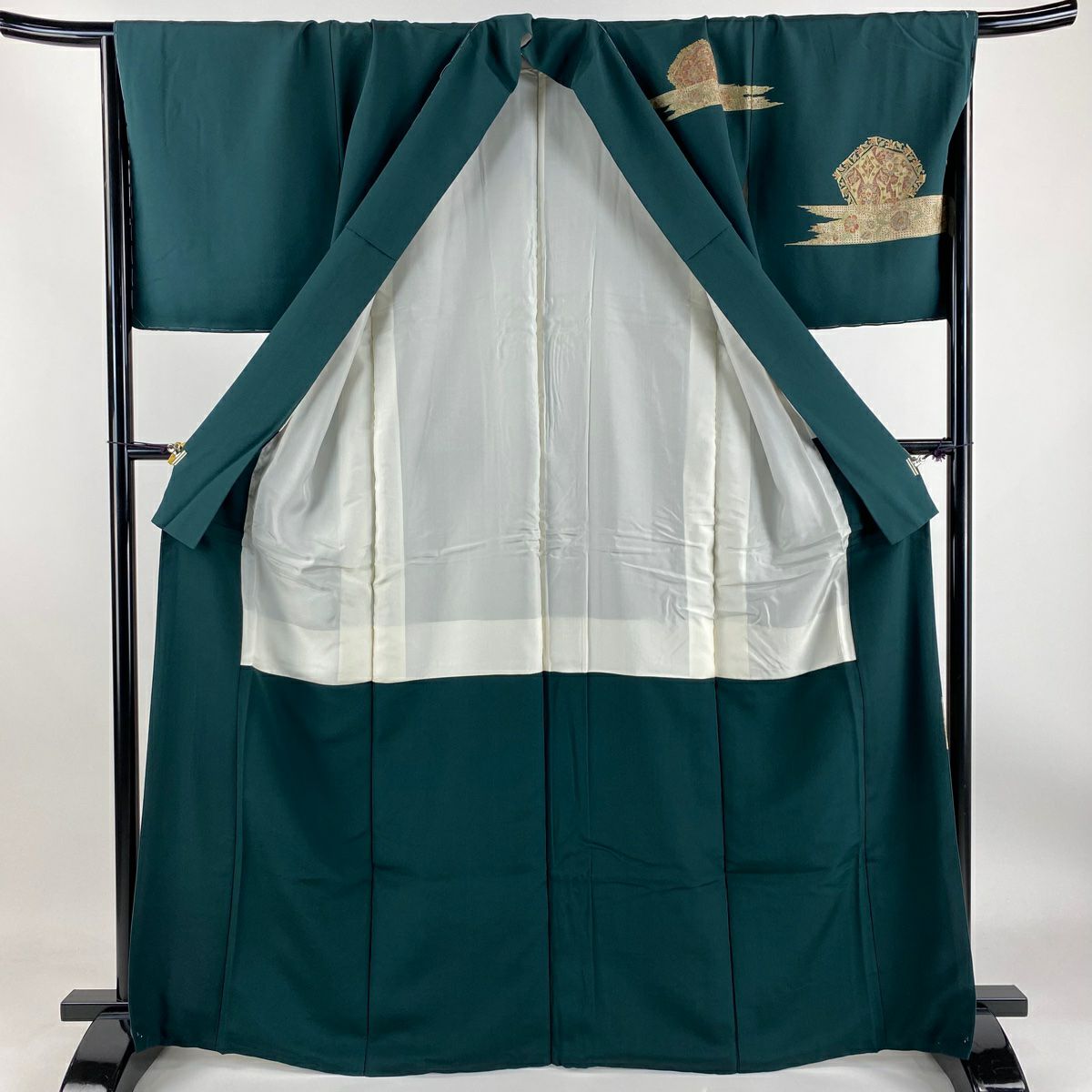 【庫存清倉】 付下 身長165.5cm 袖長67.5cm L 雙層 草花紋紋 霞 金絲刺繡 深綠 純蠶絲 名品級