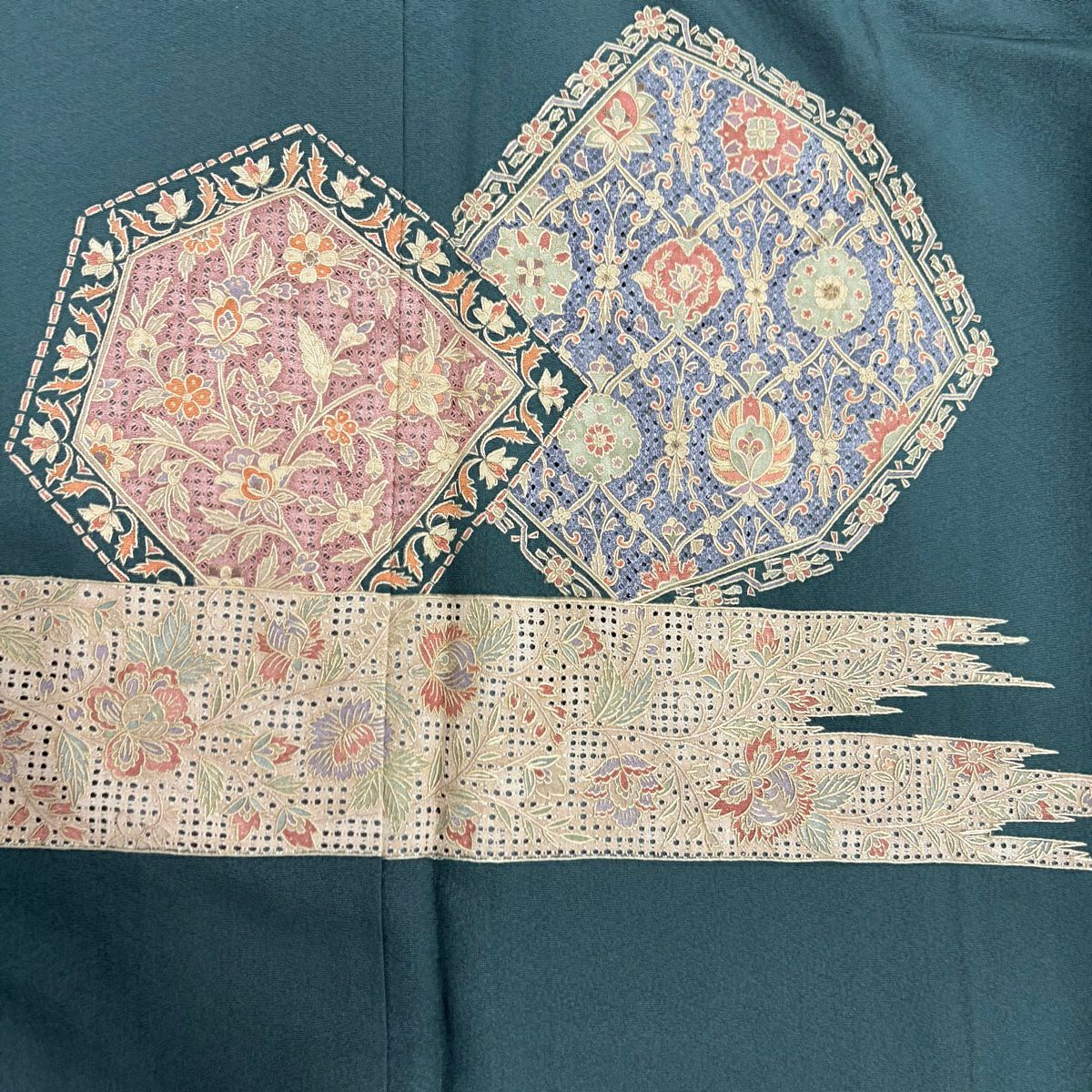 【庫存清倉】 付下 身長165.5cm 袖長67.5cm L 雙層 草花紋紋 霞 金絲刺繡 深綠 純蠶絲 名品級