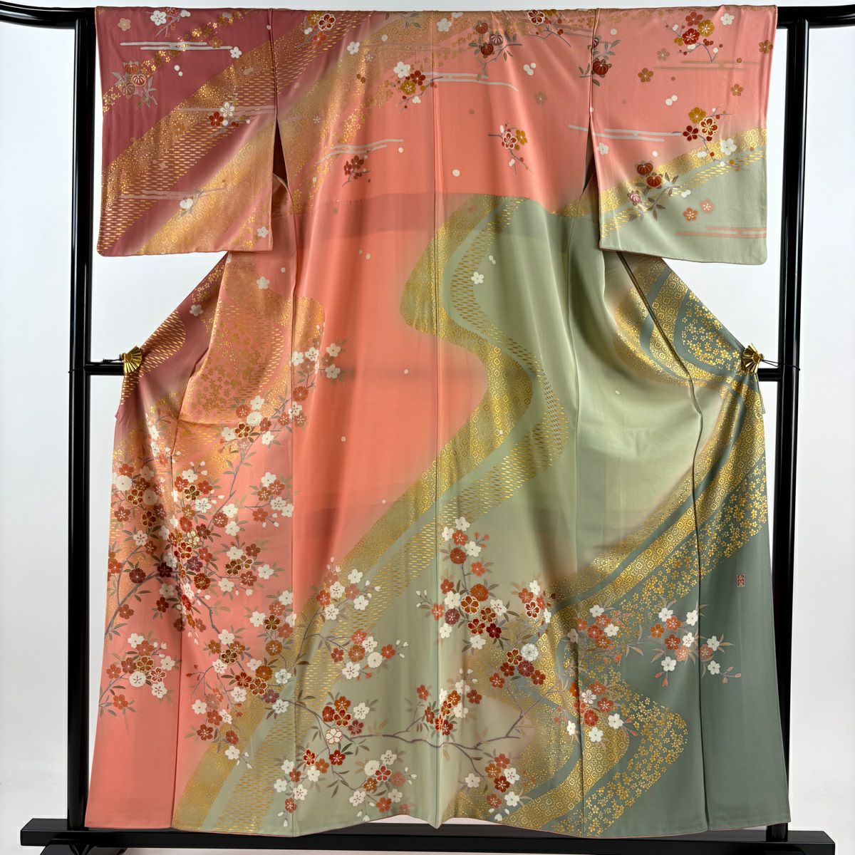 【庫存清倉】訪問服 身長156cm 袖長63cm S 雙層 附款 櫻花 蜀江文 金銀彩 染分 粉紅 純蠶絲 美品 名品級