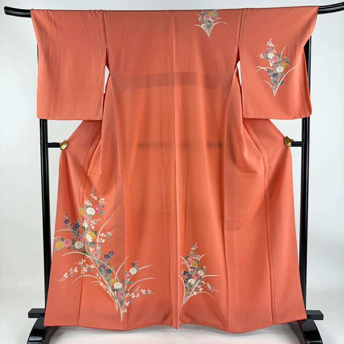 【庫存清倉】 付下 身長164cm 袖長69cm L 雙層 秋草 菊花 鮭粉色 純蠶絲 優品級