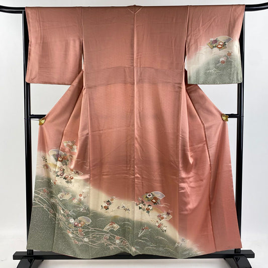 【庫存清倉】訪問服 身長155.5cm 袖長65cm M 雙層 草花紋紋 扇子面 金銀彩 漸層 粉紅 純蠶絲 優品級