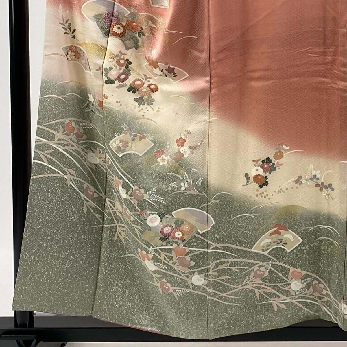 【庫存清倉】訪問服 身長155.5cm 袖長65cm M 雙層 草花紋紋 扇子面 金銀彩 漸層 粉紅 純蠶絲 優品級