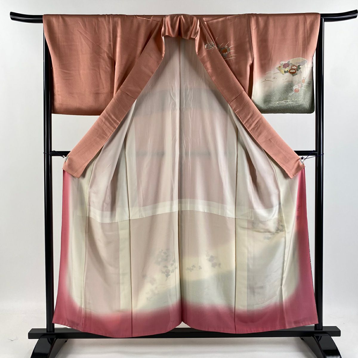 【庫存清倉】訪問服 身長155.5cm 袖長65cm M 雙層 草花紋紋 扇子面 金銀彩 漸層 粉紅 純蠶絲 優品級