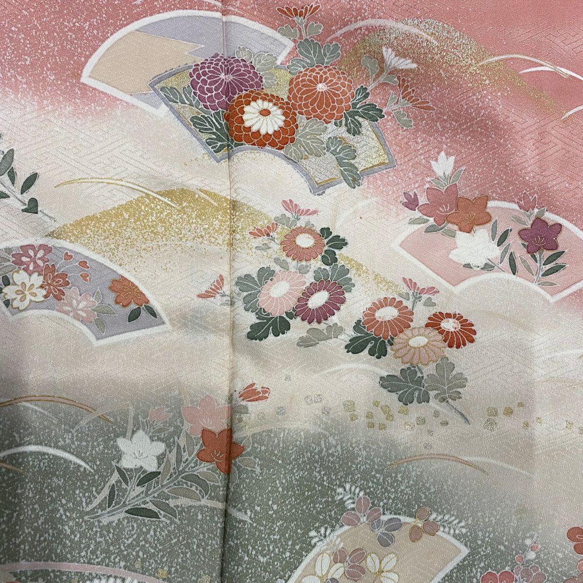【庫存清倉】訪問服 身長155.5cm 袖長65cm M 雙層 草花紋紋 扇子面 金銀彩 漸層 粉紅 純蠶絲 優品級