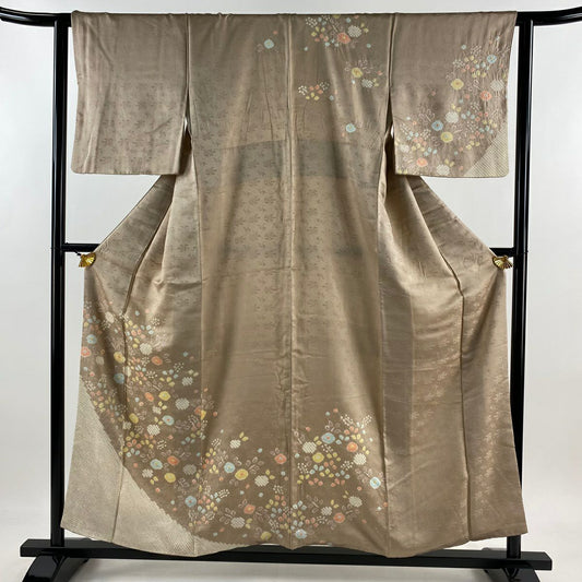 【庫存清倉】訪問服 身長155.5cm 袖長63cm S 雙層 草花紋紋 絞染 淺茶 純蠶絲 優品級