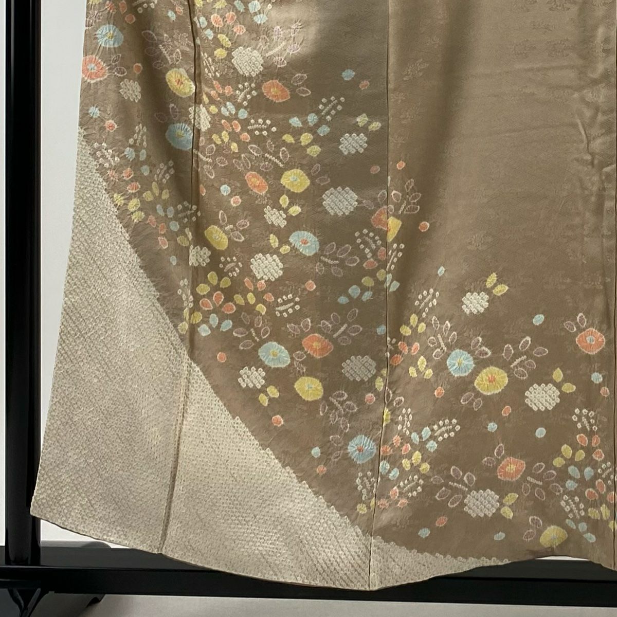【庫存清倉】訪問服 身長155.5cm 袖長63cm S 雙層 草花紋紋 絞染 淺茶 純蠶絲 優品級