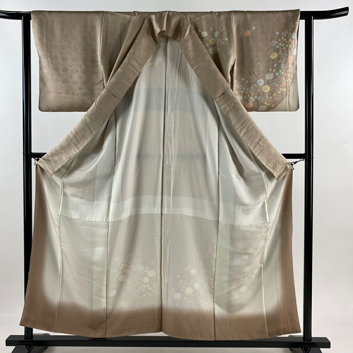 【庫存清倉】訪問服 身長155.5cm 袖長63cm S 雙層 草花紋紋 絞染 淺茶 純蠶絲 優品級