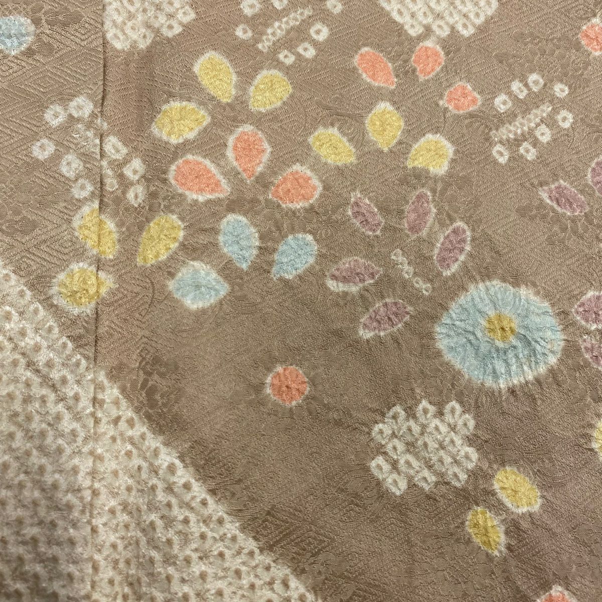 【庫存清倉】訪問服 身長155.5cm 袖長63cm S 雙層 草花紋紋 絞染 淺茶 純蠶絲 優品級