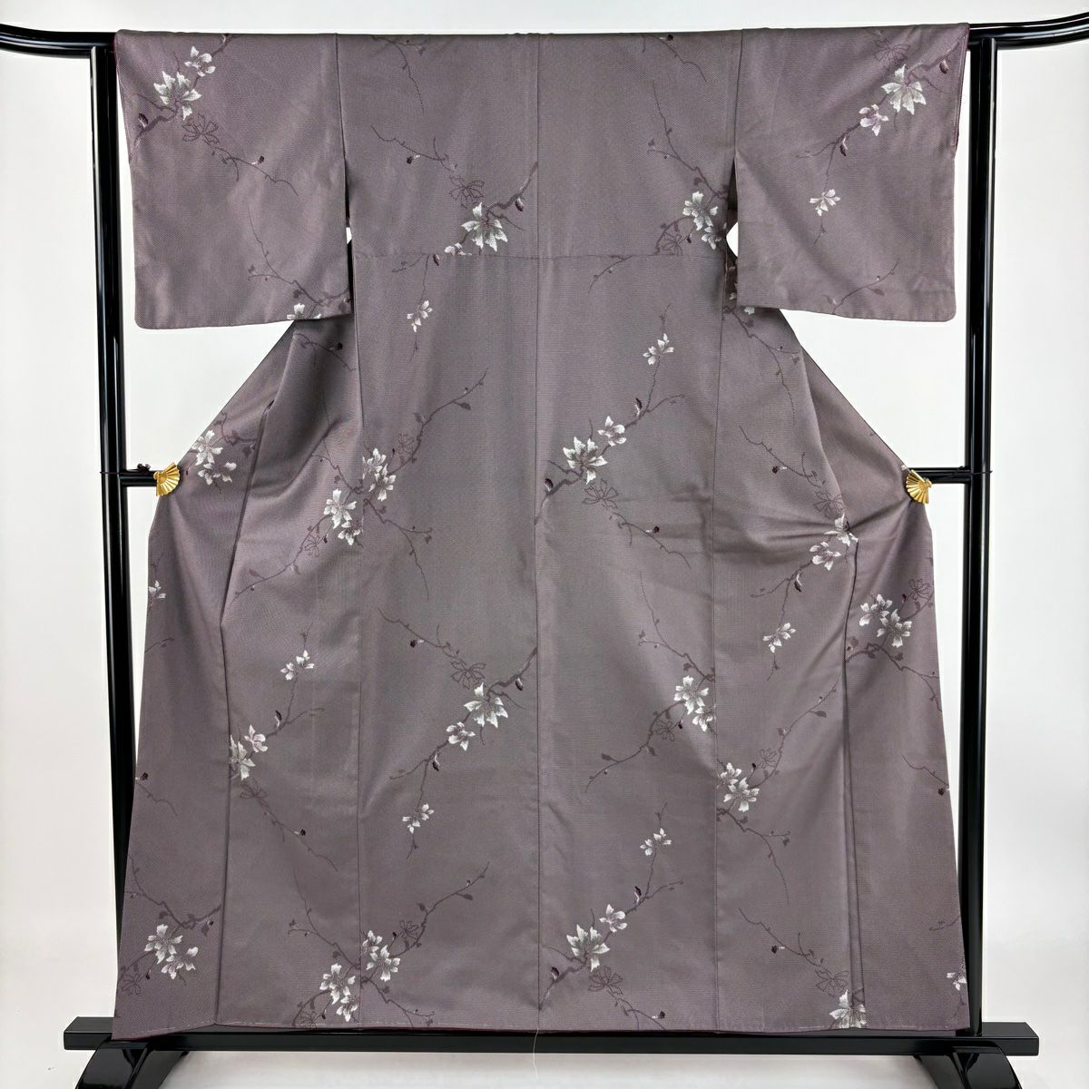 【庫存清倉】 小紋 身長158.5cm 袖長63cm S 雙層 枝花 深紫 純蠶絲 優品級