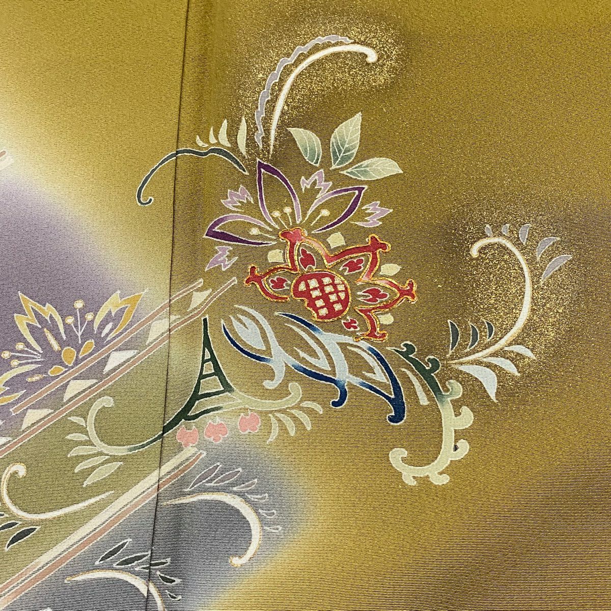 【庫存清倉】 付下 身長165cm 袖長67cm M 雙層 花唐草紋 幾何圖案 金線 金銀彩 鶯色 純蠶絲 優品級