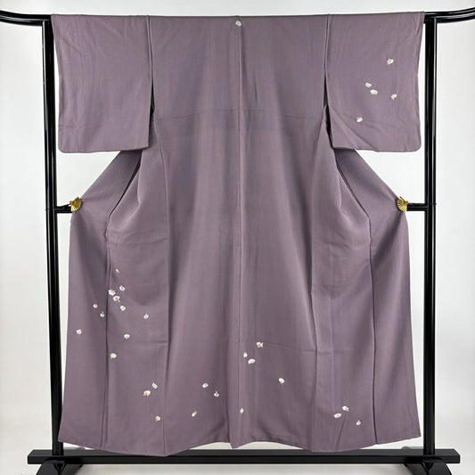 【庫存清倉】 付下 身長154cm 袖長63cm S 雙層 草花紋刺繡 金線 灰紫 純蠶絲 優品級 一個紋