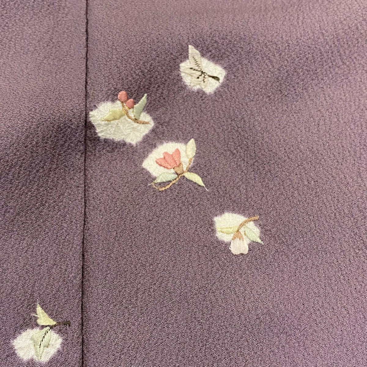 【庫存清倉】 付下 身長154cm 袖長63cm S 雙層 草花紋刺繡 金線 灰紫 純蠶絲 優品級 一個紋