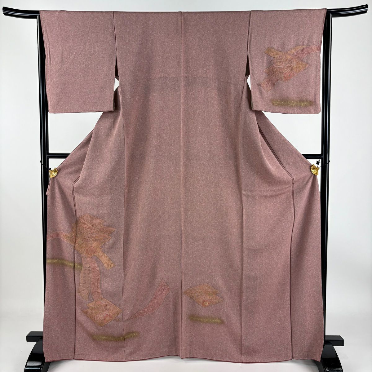 【庫存清倉】 付下 身長167.5cm 袖長65cm M 雙層 松樹皮菱 草花紋刺繡 金彩裝飾 粉紅 純蠶絲 優品級 一個紋