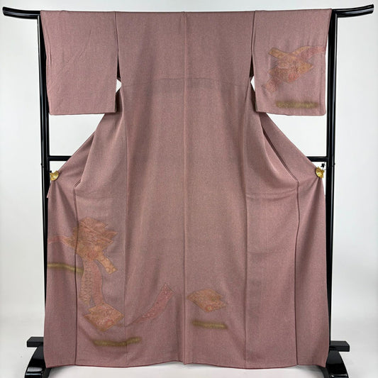 【庫存清倉】 付下 身長167.5cm 袖長65cm M 雙層 松樹皮菱 草花紋刺繡 金彩裝飾 粉紅 純蠶絲 優品級 一個紋