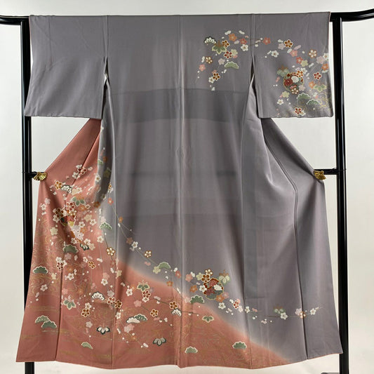 【庫存清倉】訪問服 身長150cm 袖長62.5cm S 雙層 枝梅花 雪輪 金銀彩 漸層 灰紫 純蠶絲 優品級
