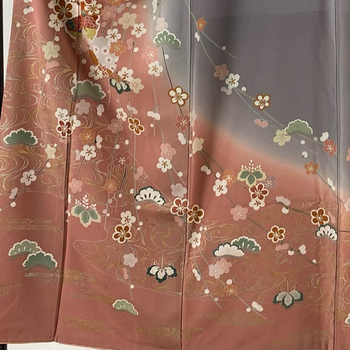 【庫存清倉】訪問服 身長150cm 袖長62.5cm S 雙層 枝梅花 雪輪 金銀彩 漸層 灰紫 純蠶絲 優品級