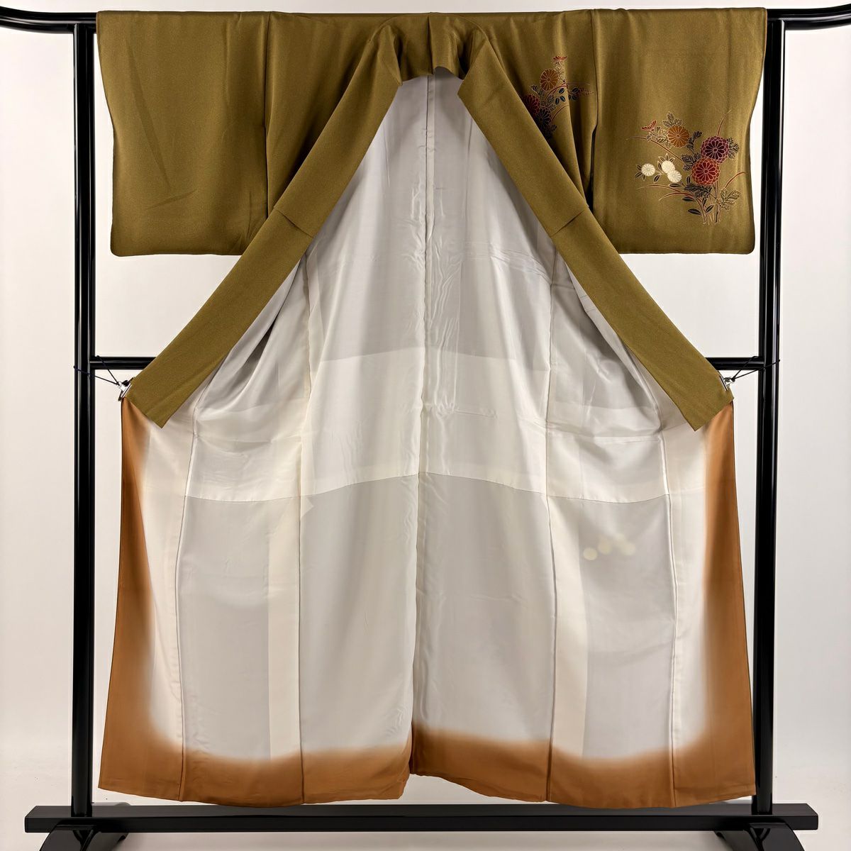 【庫存清倉】 付下 身長154.5cm 袖長62cm S 雙層 菊花 金銀彩 山吹茶 純蠶絲 美品 秀品級 一個紋