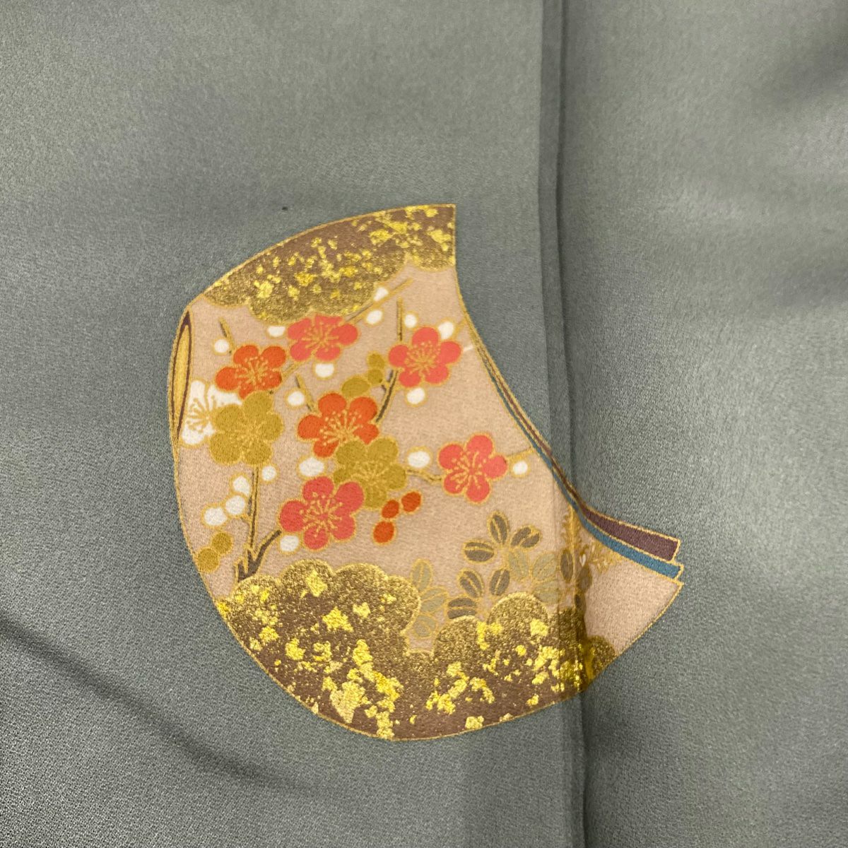 【庫存清倉】 付下 身長165cm 袖長65cm M 雙層 誰袖 枝梅花 金銀彩 灰綠 純蠶絲 優品級