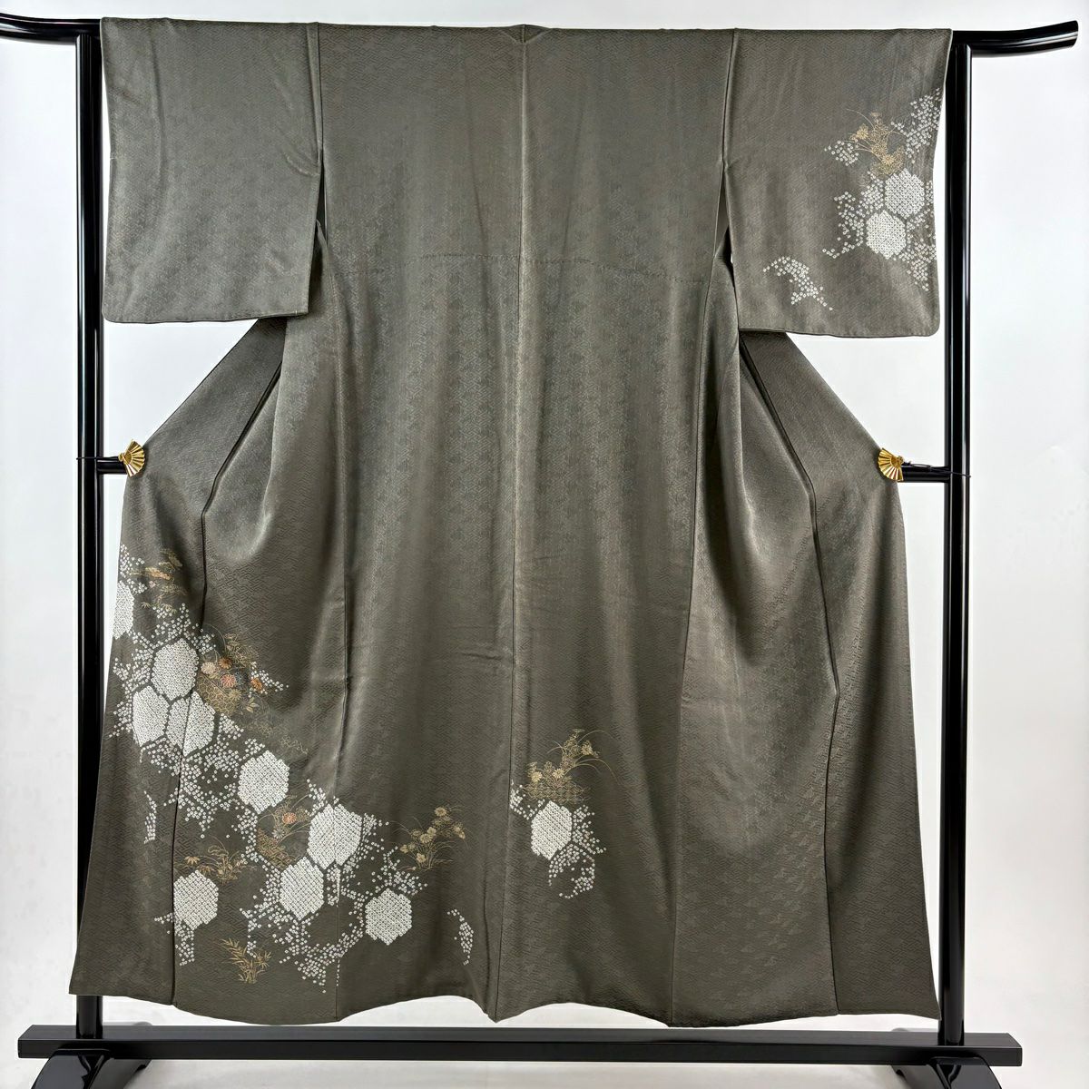 【庫存清倉】 付下 身長154cm 袖長63.5cm S 雙層 草花紋紋 龜甲刺繡 絞染 茶綠 純蠶絲 優品級