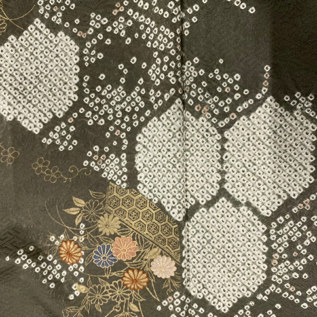 【庫存清倉】 付下 身長154cm 袖長63.5cm S 雙層 草花紋紋 龜甲刺繡 絞染 茶綠 純蠶絲 優品級