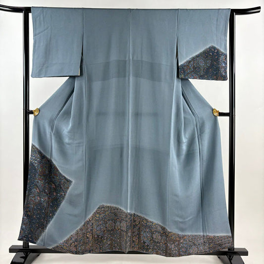 【庫存清倉】 付下 身長157cm 袖長61.5cm S 雙層 草花紋紋 毘沙門龜甲 漸層 絞織 青灰色 純蠶絲 優品級