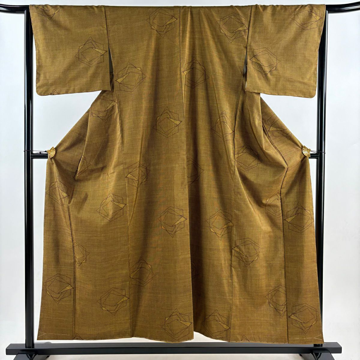 【庫存清倉】 紬織 身長155cm 袖長65cm M 雙層 幾何學 山吹茶 純蠶絲 美品 秀品級