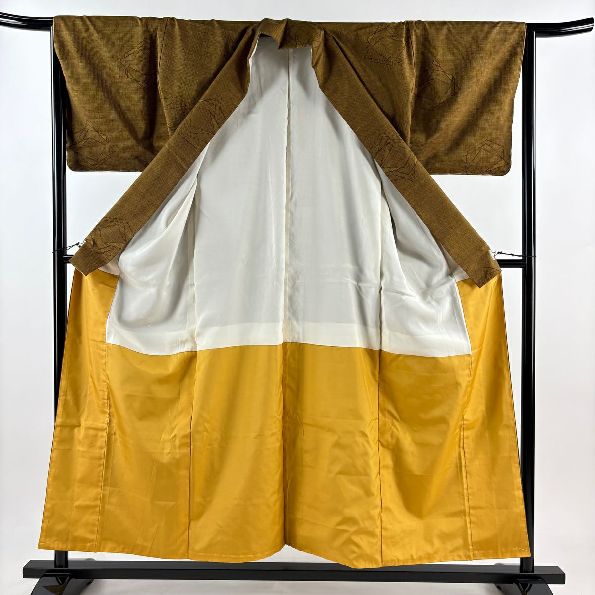 【庫存清倉】 紬織 身長155cm 袖長65cm M 雙層 幾何學 山吹茶 純蠶絲 美品 秀品級