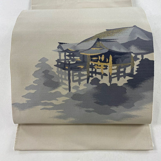 【庫存清倉】 名古屋帶 優品級 八寸名古屋帶 隧道仕立 建築 樹木 金絲 米色 純蠶絲