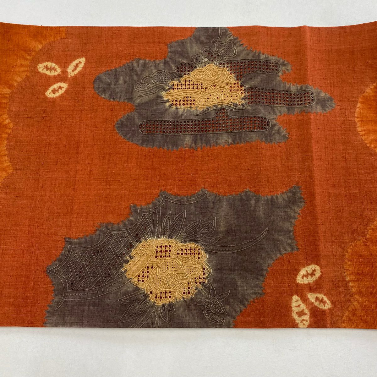 【庫存清倉】 開口名古屋帶 美品 秀品級 紬織織 牡丹 枝梅花 刺繡 紅茶 純蠶絲