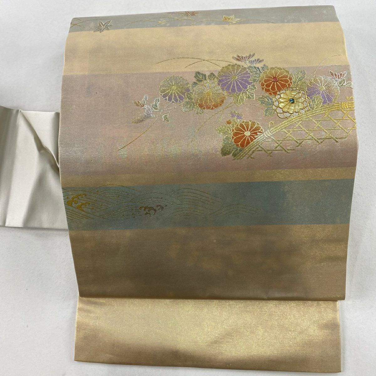 【庫存清倉】名古屋帶 美品 秀品級 菊花花 間垣 螺鈿 金銀彩 金色 純蠶絲