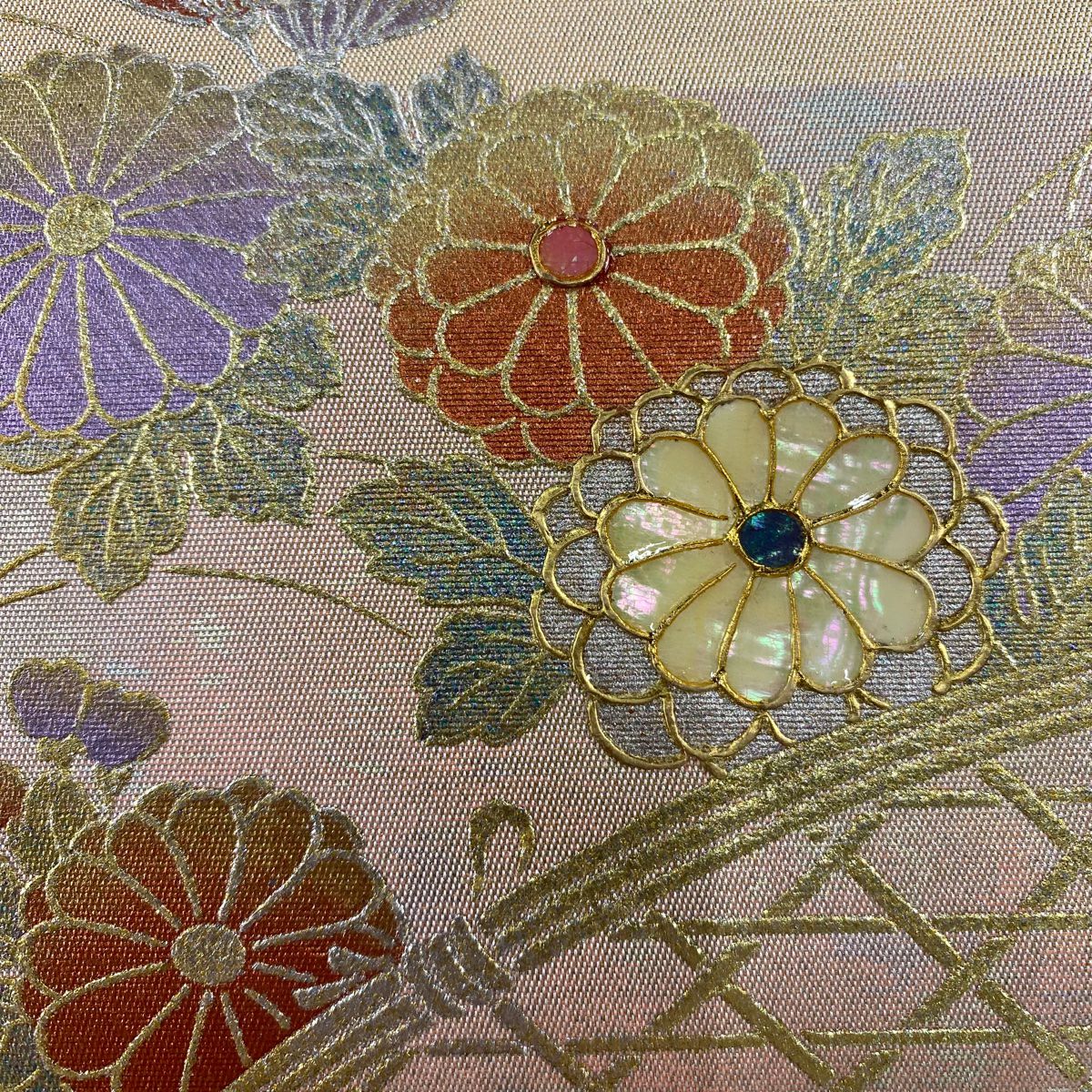 【庫存清倉】名古屋帶 美品 秀品級 菊花花 間垣 螺鈿 金銀彩 金色 純蠶絲