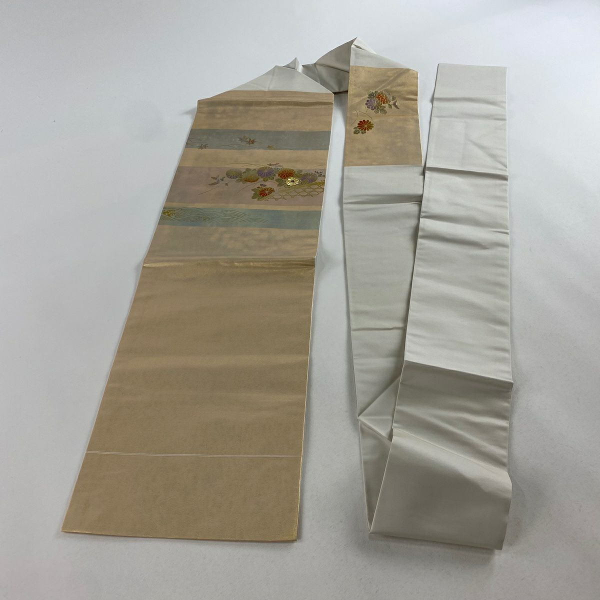 【庫存清倉】名古屋帶 美品 秀品級 菊花花 間垣 螺鈿 金銀彩 金色 純蠶絲