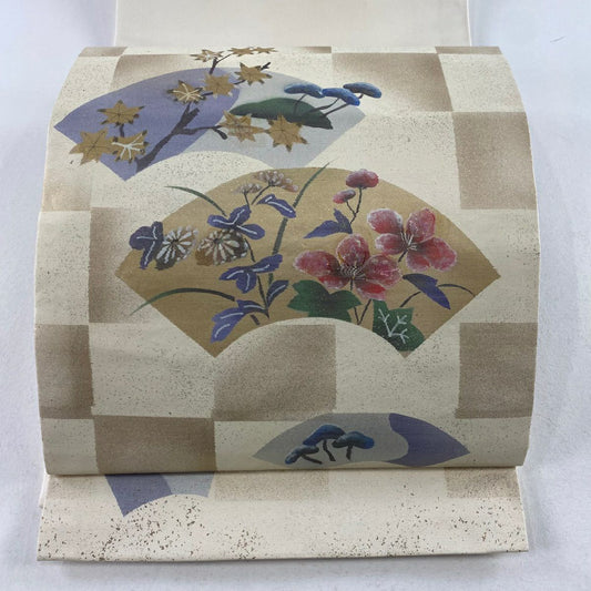 【庫存清倉】 開口名古屋帶 優品級 扇子面 草花紋紋 金銀彩 奶油色 純蠶絲