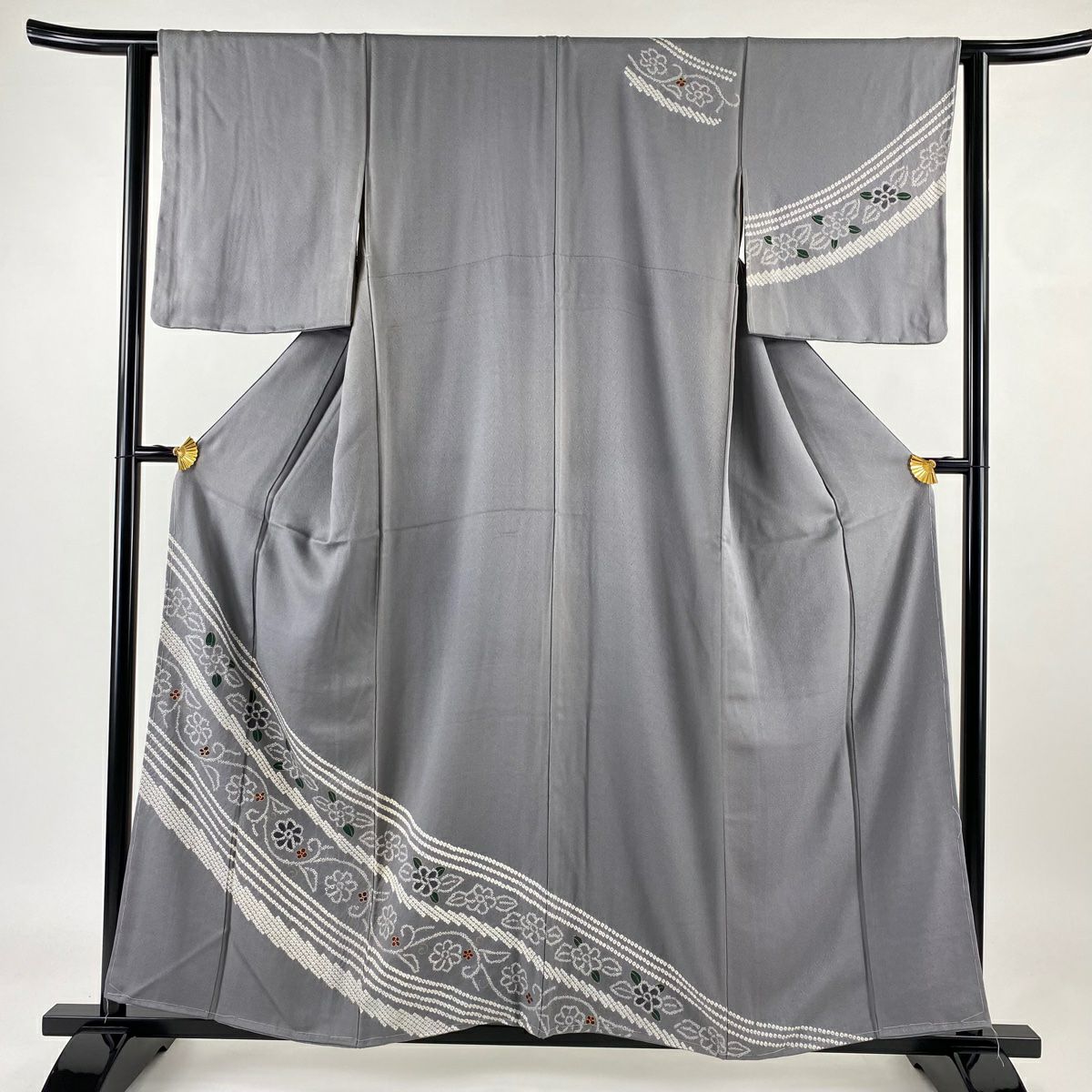 【庫存清倉】訪問服 身長158cm 袖長63.5cm S 雙層 草花紋 斜紋 絞染 金彩裝飾 灰色 純蠶絲 優品級