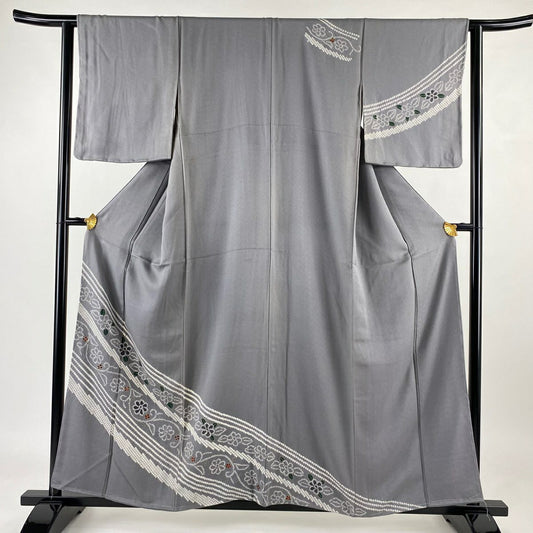 【庫存清倉】訪問服 身長158cm 袖長63.5cm S 雙層 草花紋 斜紋 絞染 金彩裝飾 灰色 純蠶絲 優品級
