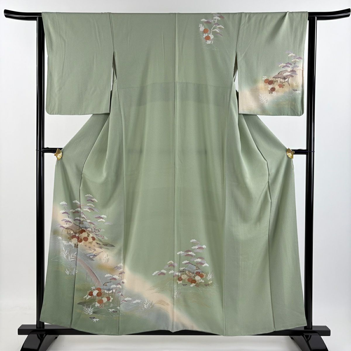 【庫存清倉】訪問服 身長157cm 袖長63.5cm S 雙層 建物 草花紋紋 金銀彩 漸層 灰綠 純蠶絲 優品級