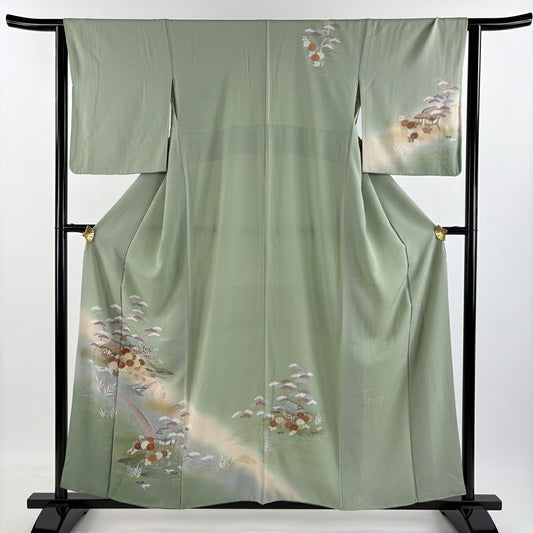 【庫存清倉】訪問服 身長157cm 袖長63.5cm S 雙層 建物 草花紋紋 金銀彩 漸層 灰綠 純蠶絲 優品級