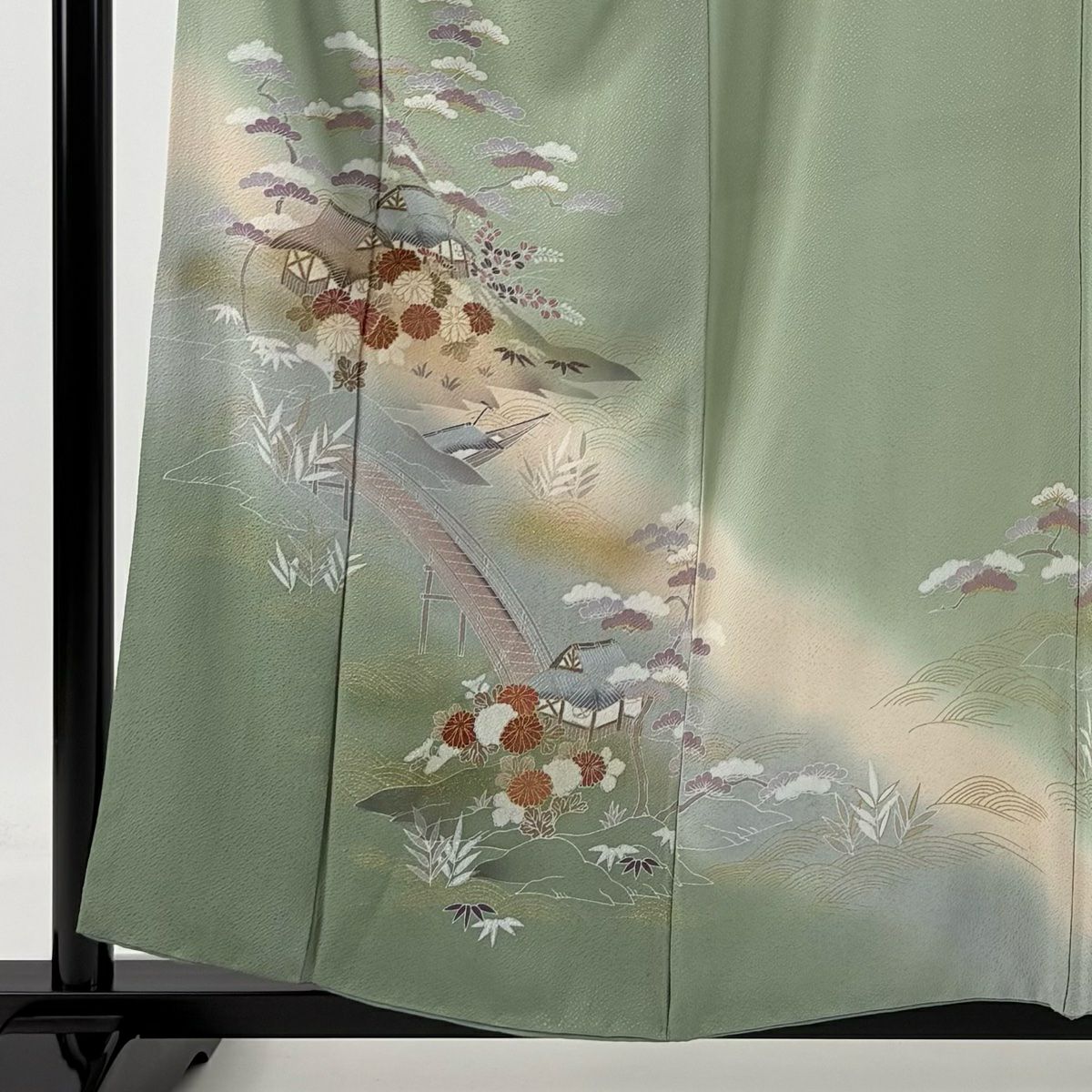 【庫存清倉】訪問服 身長157cm 袖長63.5cm S 雙層 建物 草花紋紋 金銀彩 漸層 灰綠 純蠶絲 優品級