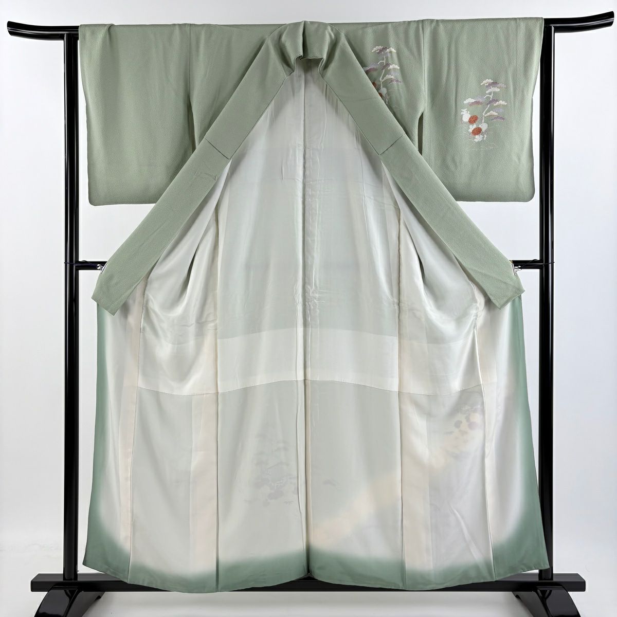 【庫存清倉】訪問服 身長157cm 袖長63.5cm S 雙層 建物 草花紋紋 金銀彩 漸層 灰綠 純蠶絲 優品級