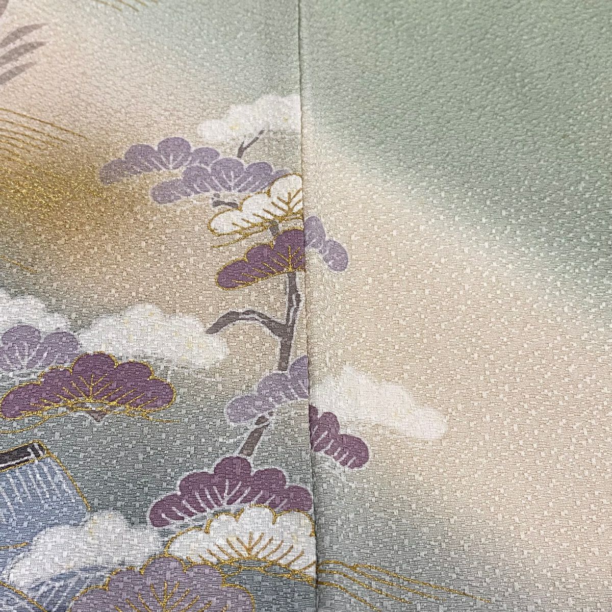 【庫存清倉】訪問服 身長157cm 袖長63.5cm S 雙層 建物 草花紋紋 金銀彩 漸層 灰綠 純蠶絲 優品級