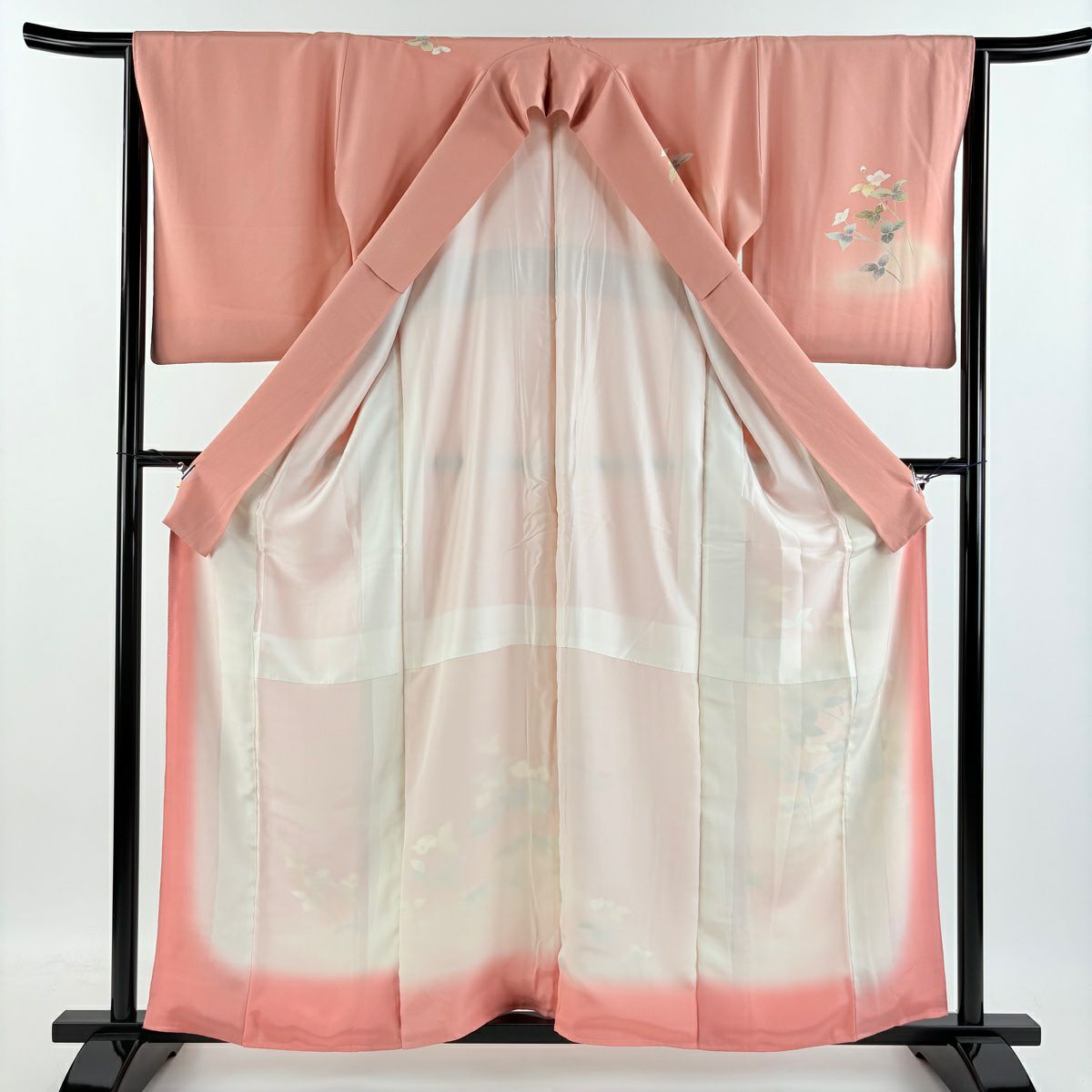 【庫存清倉】訪問服 身長159cm 袖長64.5cm M 雙層 落款 草花紋紋 霞 漸層 粉紅 純蠶絲 優品級