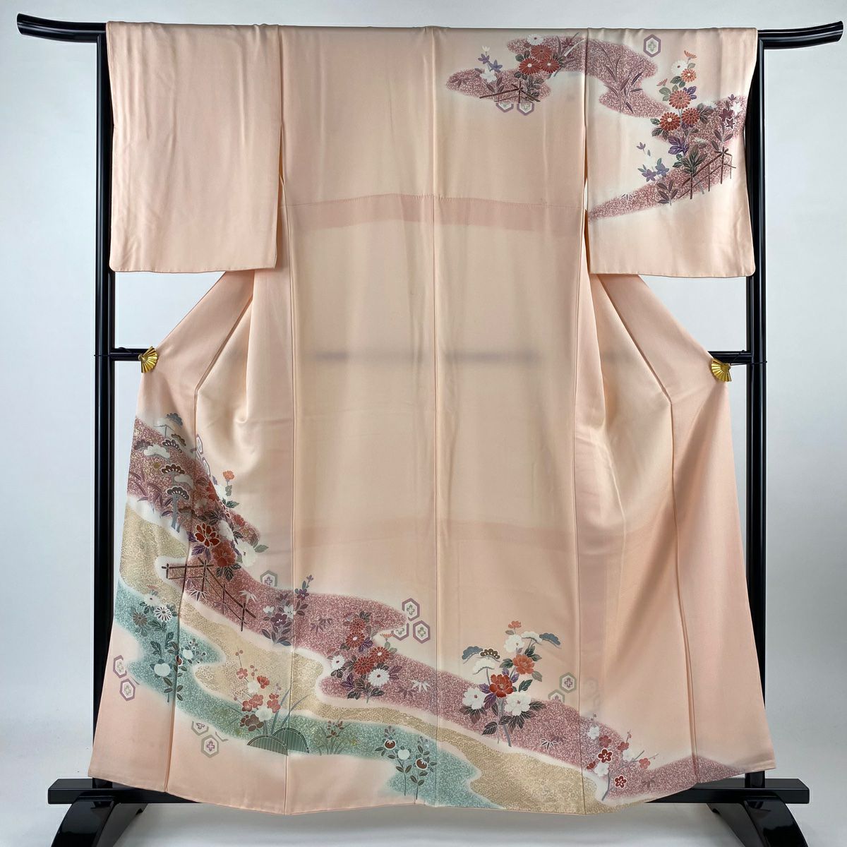 【庫存清倉】訪問服 身長159.5cm 袖長66cm M 雙層 大和 草花紋紋 霞 金彩裝飾 漸層 粉紅 純蠶絲 優品級