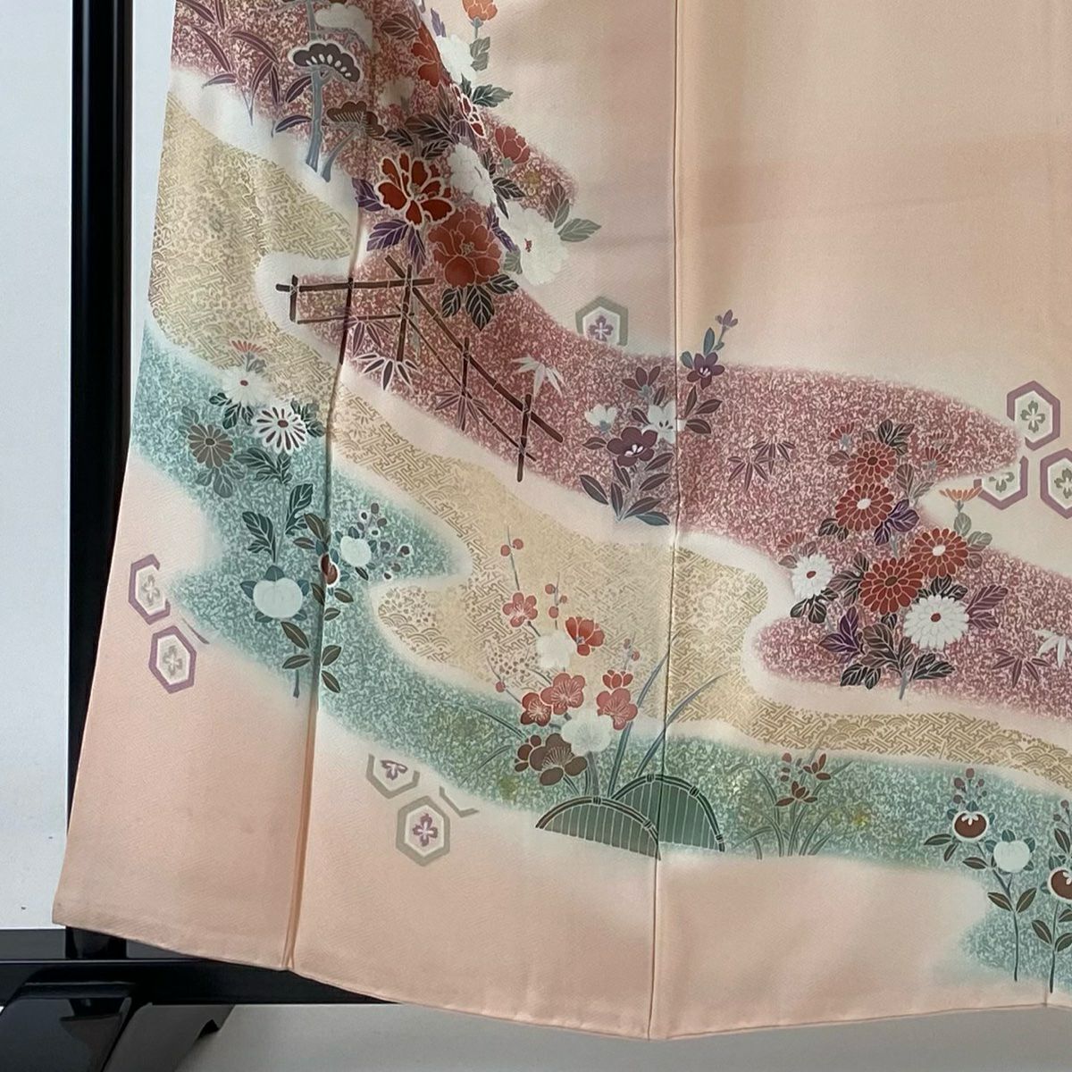 【庫存清倉】訪問服 身長159.5cm 袖長66cm M 雙層 大和 草花紋紋 霞 金彩裝飾 漸層 粉紅 純蠶絲 優品級