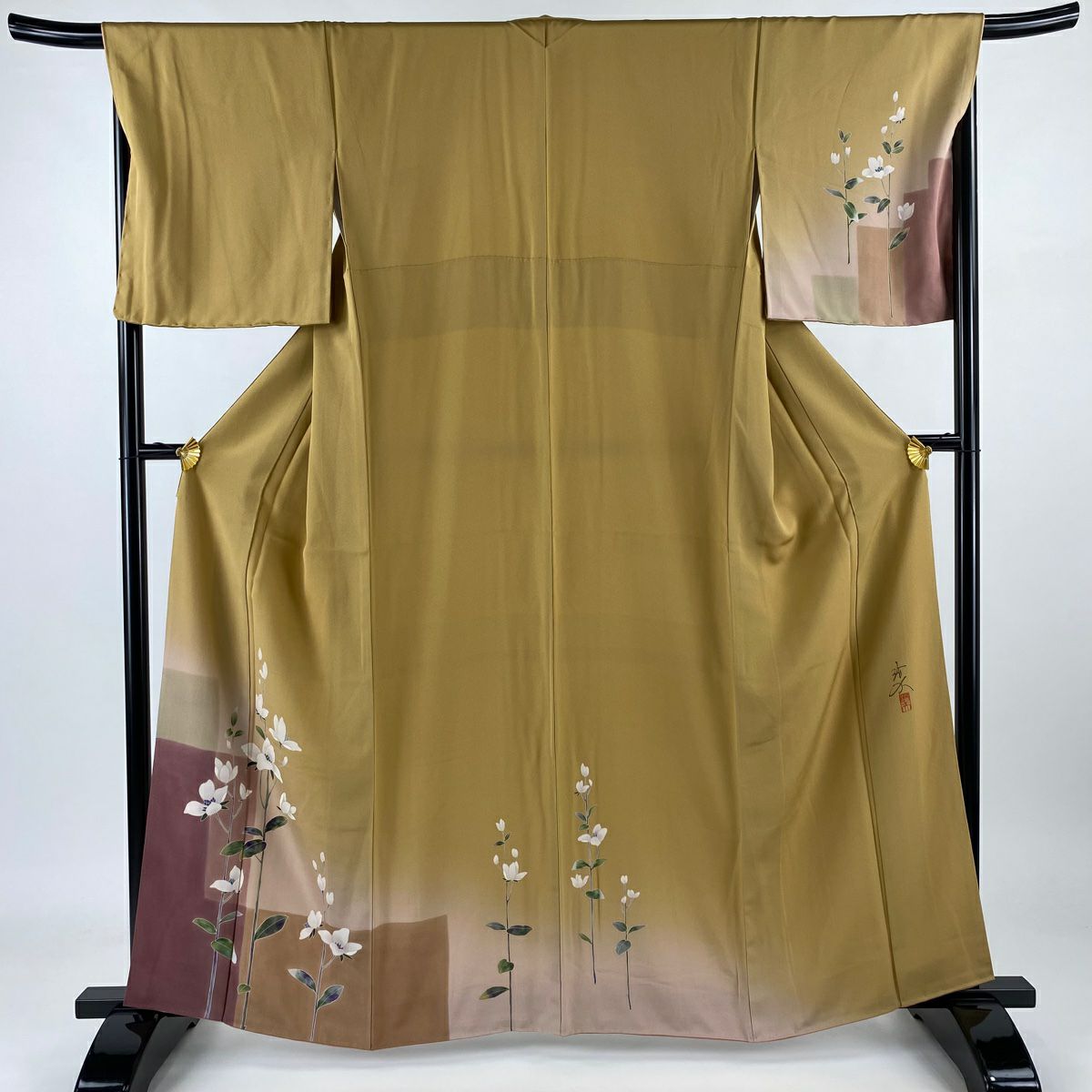 【庫存清倉】 付下 身長162.5cm 袖長67.5cm L 雙層 落款 草花紋 染分 ぼかし 山吹茶 純蠶絲 優品級