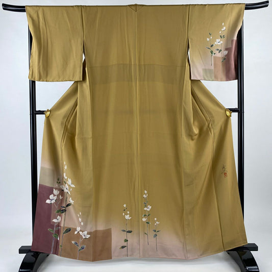 【庫存清倉】 付下 身長162.5cm 袖長67.5cm L 雙層 落款 草花紋 染分 ぼかし 山吹茶 純蠶絲 優品級