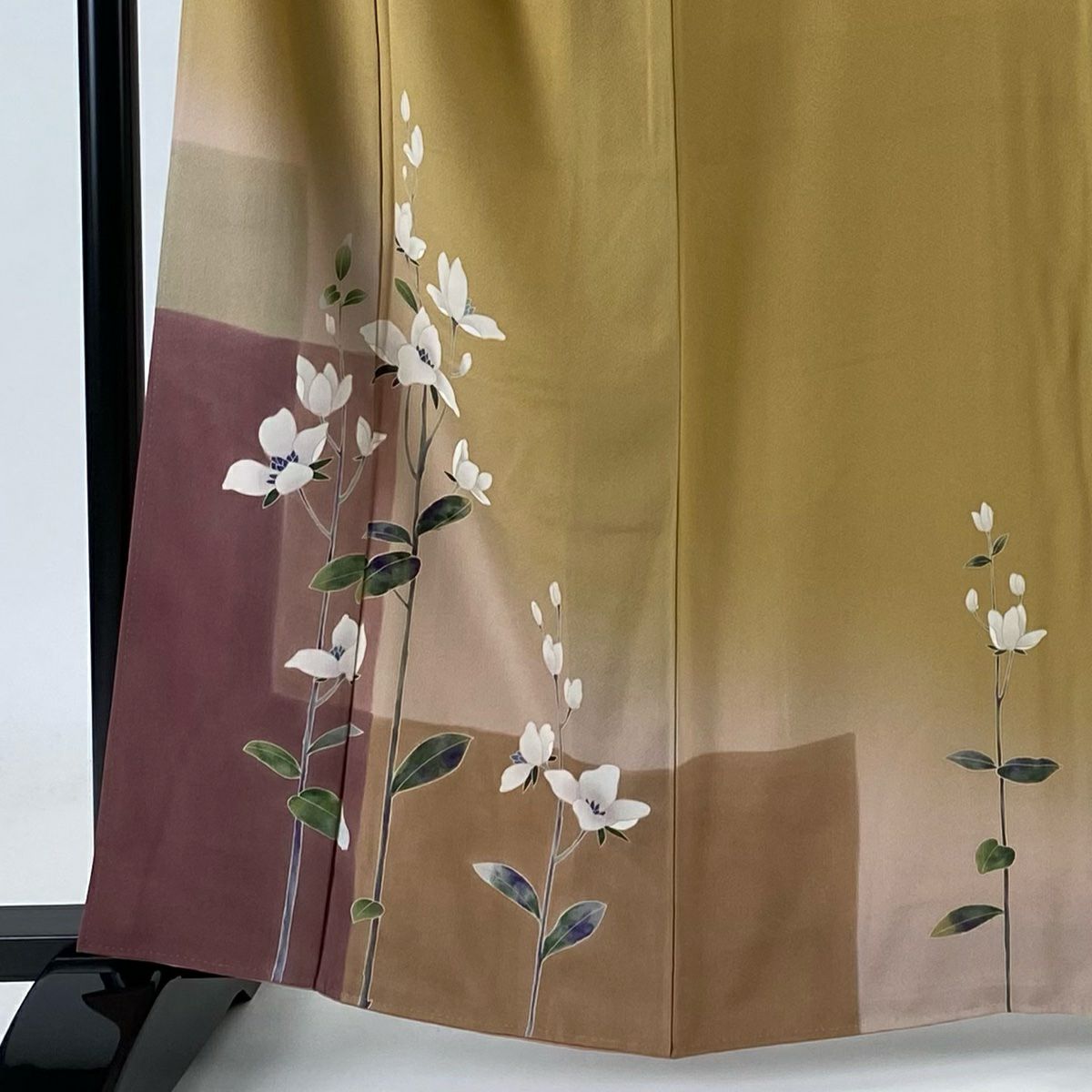 【庫存清倉】 付下 身長162.5cm 袖長67.5cm L 雙層 落款 草花紋 染分 ぼかし 山吹茶 純蠶絲 優品級