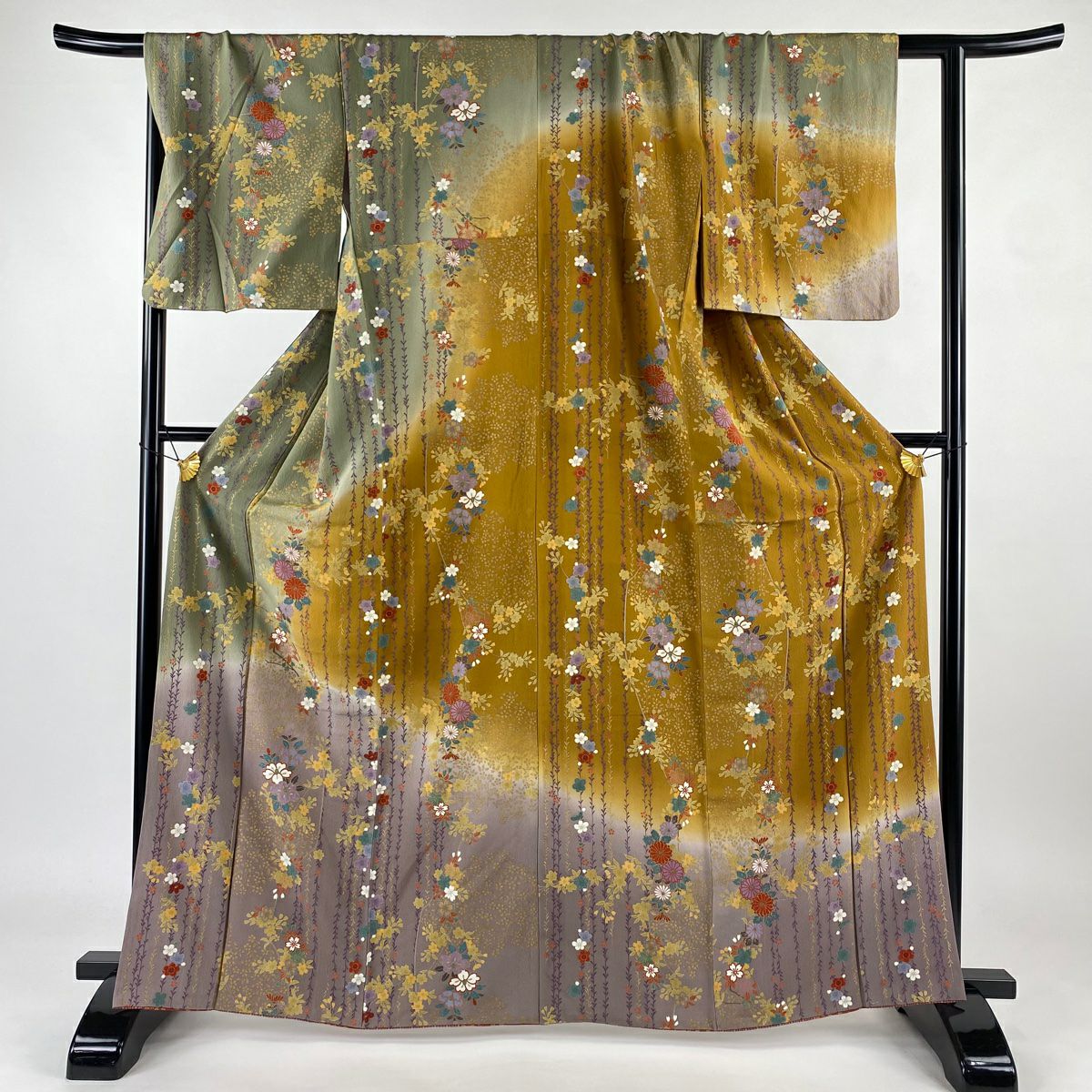 【庫存清倉】訪問服 身長165cm 袖長66cm M 雙層 櫻花 菊花花 金銀彩 漸層 灰綠 純蠶絲 優品級