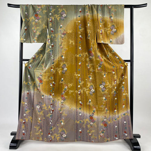 【庫存清倉】訪問服 身長165cm 袖長66cm M 雙層 櫻花 菊花花 金銀彩 漸層 灰綠 純蠶絲 優品級